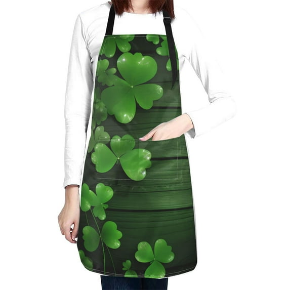 Green Clovers Wood Adjustable Apron with 2 Pockets, St Patrick's Day Chef Bib Gift for Kitchen Cooking BBQ