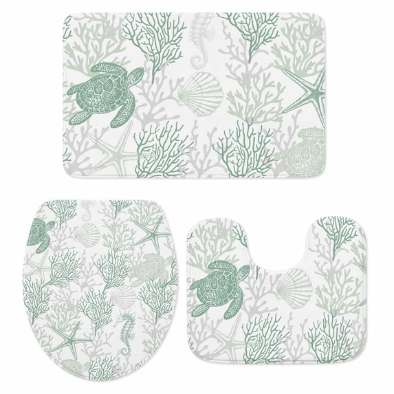 Green Coastal Bath Mat 3 Piece Bathroom Rug Set, Sea Turtle Nautical Coral Summer Beach Non Slip Bath Rug Contour Mat and Toilet Lid Cover, Absorbent Shower Mats Soft Bath Rugs and Mats Sets