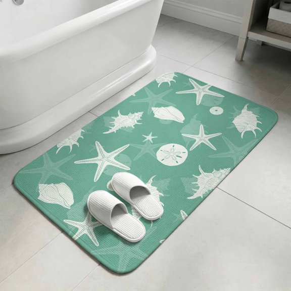 Green Coastal Bathroom Rugs Non Slip Washable Bath Mat Absorbent Low Pile Front Door Mat Summer Ocean Nautical Starfish Shells Indoor Doormat for Kitchen Entryway Shower Decor Accessories 15.7"x23.6"