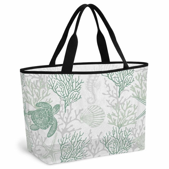 Green Coastal Beach Bag for Women, Large Breathable Mesh Beach Tote Bag, Sea Turtle Nautical Coral Summer Beach Sandproof Lightweight Travel Bags for Vacation Picnic Swimming Pool 15.7"x15.7"x9.1"