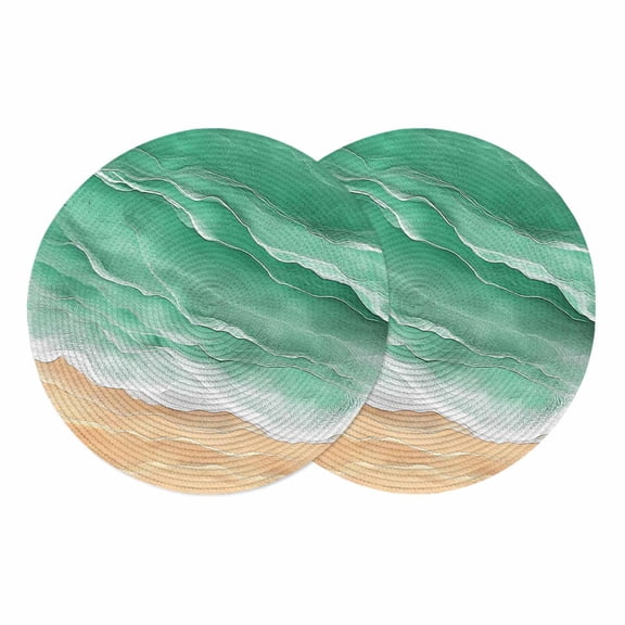 Green Coastal Beach Round 13 Inch Placemats Set of 2, Summer Nautical Ocean Beige Seaside HeatResistant Non Slip Place Mats for Dining Table, Wipeable Braided Kitchen Table Mats for Housewarming