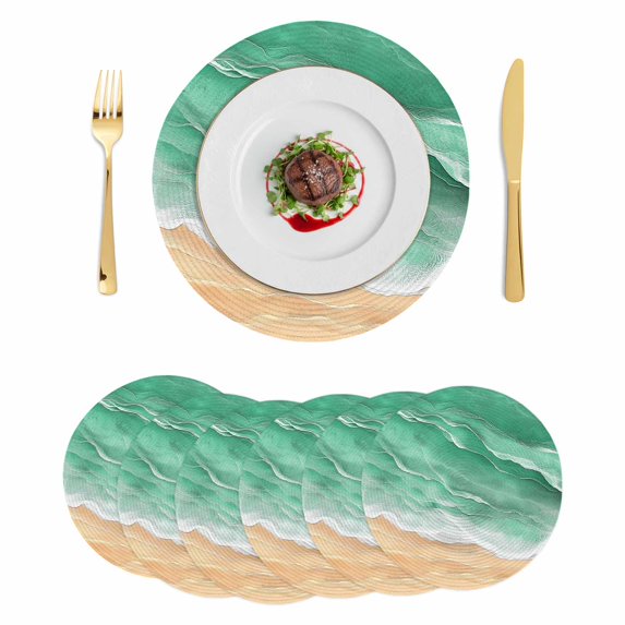 Green Coastal Beach Round 13 Inch Placemats Set of 6, Summer Nautical Ocean Beige Seaside HeatResistant Non Slip Place Mats for Dining Table, Wipeable Braided Kitchen Table Mats for Housewarming