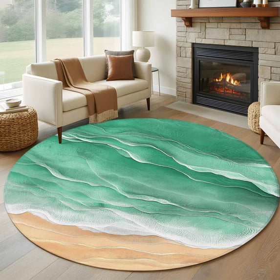 Green Coastal Beach Round Area Rug 6Ft Washable Circle Rugs for Bathroom Office, Summer Nautical Ocean Beige Seaside Non-Slip Carpet Floor Mats Indoor Outdoor Carpet Runner Aesthetic Home Decor