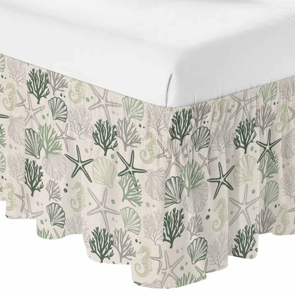 Green Coastal Bed Skirt Queen Size 16 Inch Drop, Adjustable & Elastic Wrap Around Bed Skirts Pleated Dust Ruffles For Twin Full Queen Cal King Base Beds, Ocean Coral Starfish Seahorse Farmhouse