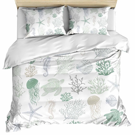 Green Coastal Bedding 3 Piece Duvet Cover Set Full Size, Nautical Summer Beach Coral Sea Turtle Soft Microfiber Comforter Cover with Zipper Closure & Pillowcases, Wrinkle & FadeResistant Quilt Cover