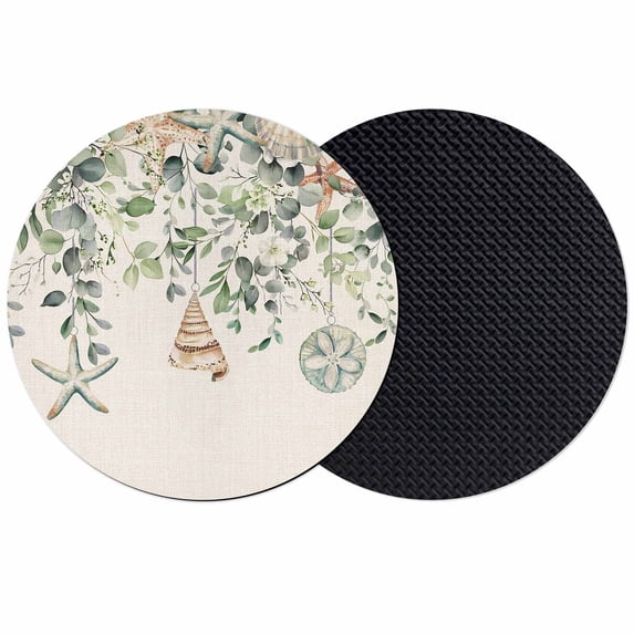 Green Coastal Coasters Set of 2, Eucalyptus Leaves Summer Beach Starfish Rustic Absorbent Coasters for Drinks, Coaster for Bar Office Dining Coffee Table Accessories Decor,Non Slip Round Desk Coaster