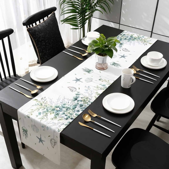 Green Coastal Cotton Linen Small Table Runner 13 x 48 inch Summer Eucalyptus Leaves Beach Ocean Starfish Conch Non-slip Rectangular Dining Table Decor for Wedding Party Holiday Dinner