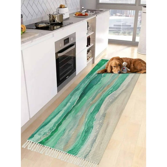 Green Coastal Entryway Runner Rug 2x4ft,Summer Beach Nautical Abstract Art Washable Woven Living Room Hallway Bedroom Kitchen Carpet with Tassels,Indoor Outdoor Throw Door Mat for Entryway