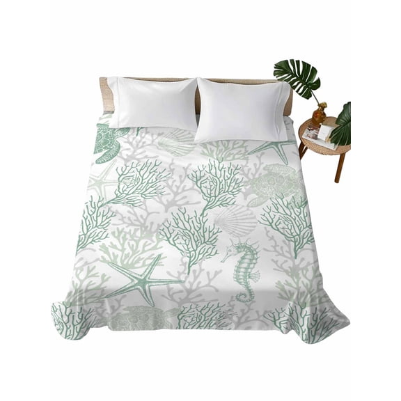 Green Coastal Flat Sheets Only King Size, Soft Breathable Bed Top Sheets for Mattress, Sea Turtle Nautical Coral Summer Beach Luxury Bedding Flat Sheets for Home Hotel Bedroom Bed Protection