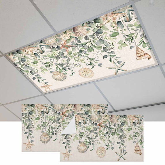 Green Coastal Fluorescent Light Covers, Eucalyptus Leaves Summer Beach Starfish Rustic Magnetic Light Covers for Ceiling Lights, Fluorescent Ceiling Shade for Classroom Bedroom Office 4x2Ft x 2PCS