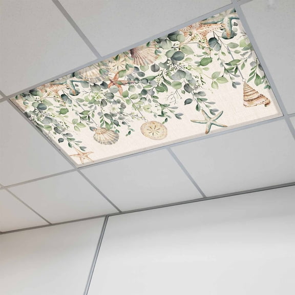 Green Coastal Fluorescent Light Covers, Eucalyptus Leaves Summer Beach Starfish Rustic Magnetic Light Covers for Ceiling Lights, Fluorescent Ceiling Shade for Classroom Bedroom Office 4x2Ft x 1PCS