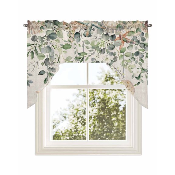 Green Coastal Kitchen Swag Valance for Window,Rod Pocket Short Kitchen Curtains 36 Inch Length,Eucalyptus Leaves Summer Beach Starfish Rustic Swag Topper Small Window Treatment for Cafe Bathroom