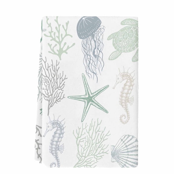 Green Coastal Kitchen Towels Set of 1, Absorbent Microfiber Dish Tea Towels with Hanging Loop, Nautical Summer Beach Coral Sea Turtle Resuable Hand Towel for Home Kitchen Cooking Cleaning 18"x28"
