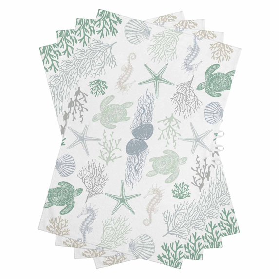 Green Coastal Kitchen Towels Set of 4, Water Absorbent Dish Towel, Nautical Summer Beach Coral Sea Turtle Decorative Hand Towels - Quick Drying Cloth for Cooking Baking, 18x28 Inch