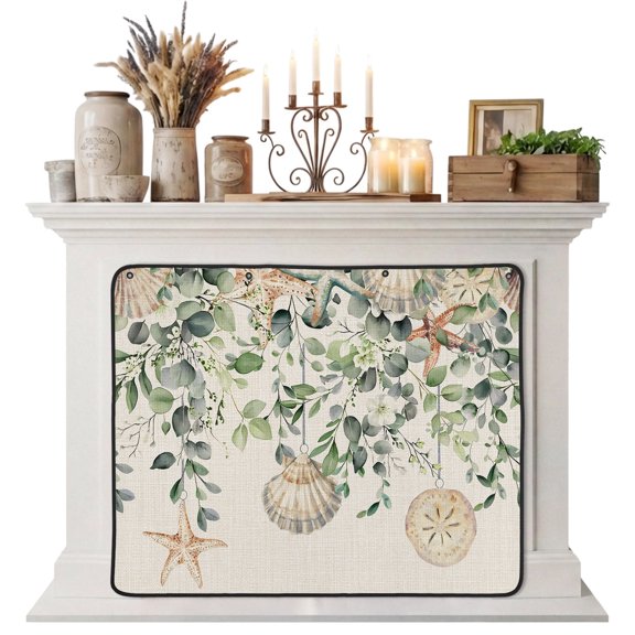 Green Coastal Magnetic Fireplace Cover,Fireplace Draft Blocker,Eucalyptus Leaves Summer Beach Starfish Rustic Fireplaces Blanket for Heat Loss/Cold Air,Fireplaces Draft Stopper Cover 45"x34"