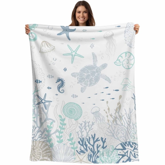 Green Coastal Ocean Throw Blankets, Coral Sea Lifes Soft Fleece Blanket Decorative for Home Sofa Couch Chair Living Bedroom, 40x50 inches, White Blue