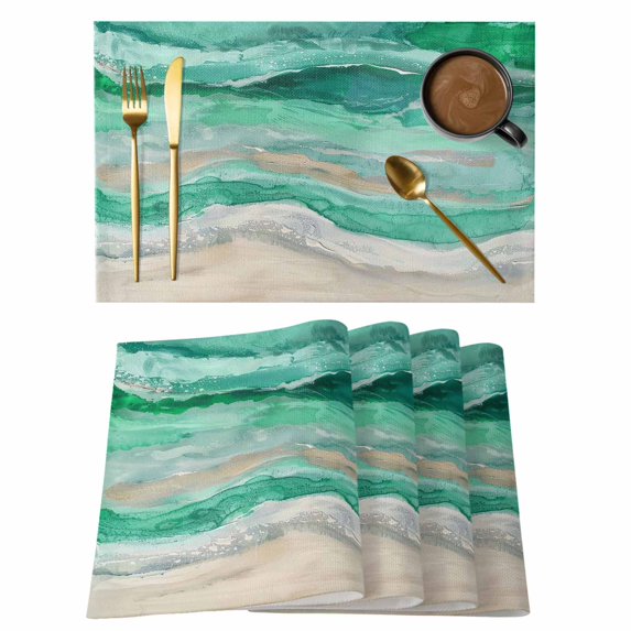 Green Coastal Placemats Set of 6, Cotton Linen Fabric Place Mats, Summer Beach Nautical Abstract Art Washable Decorative Table Mats Protector for Home Kitchen Dining Wedding Party Coffee Tables