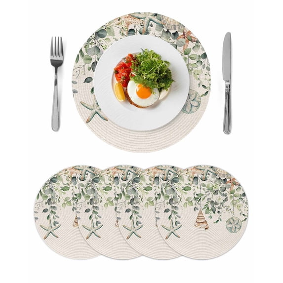 Green Coastal Round 13 Inch Placemats Set of 4, Eucalyptus Leaves Summer Beach Starfish Rustic HeatResistant Non Slip Place Mats for Dining Table, Wipeable Braided Kitchen Table Mats for Housewarming