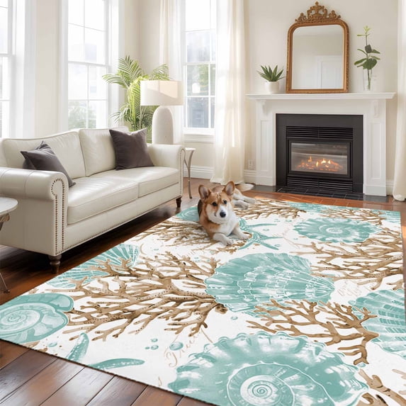 Green Coastal Seashells Area Rug 5x8 FT, Non Slip Bedroom Throw Carpet, Nautical Brown Coral Starfish Washable Soft Floor Carpet Non-Shedding Rug for Living Room Nursery Dorm Office