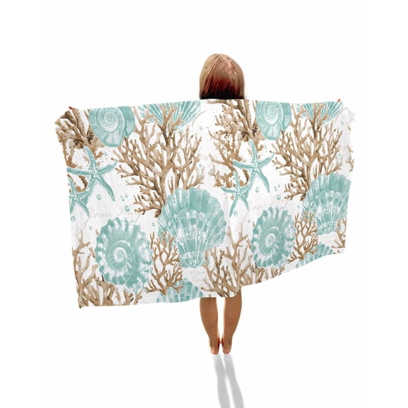 Green Coastal Seashells Beach Towels Oversized Super Absorbent, Nautical Brown Coral Starfish Lightweight Bath Towel Quick Dry Sets For Bathroom/Pool/Rv Camping/Beach Play/Gym Room/Picnic 23"x47"