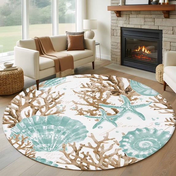 Green Coastal Seashells Large Round Rug 8 FT, Non Slip Living Room Area Carpet, Nautical Brown Coral Starfish Washable Soft Circle Rug Non-Shedding Floor Carpet for Bedroom Office Dining Room