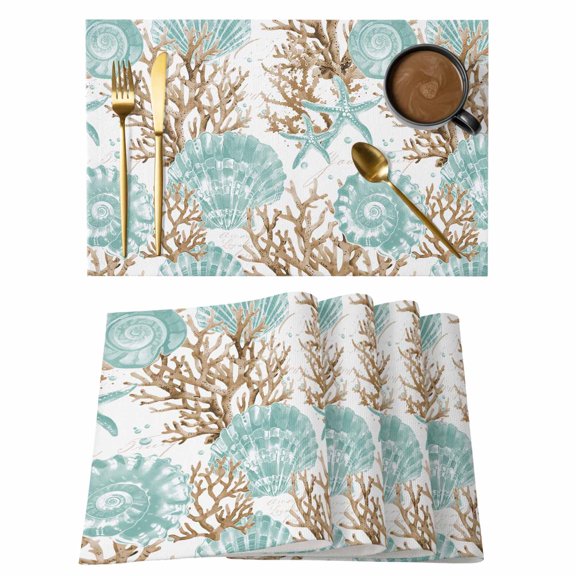 Green Coastal Seashells Placemats Set of 12 Nautical Brown Coral Starfish Place Mats Indoor Wipeable Table Mats Washable Cloth Dining Table Placemats for Kitchen Holiday Party Home Decor 13x19 Inch
