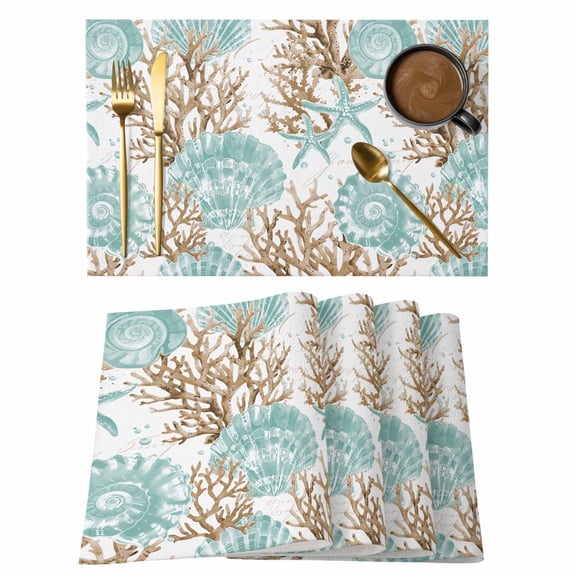 Green Coastal Seashells Placemats Set of 4 Nautical Brown Coral Starfish Place Mats Indoor Wipeable Table Mats Washable Cloth Dining Table Placemats for Kitchen Holiday Party Home Decor 13x19 Inch