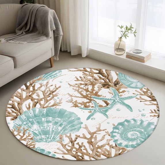 Green Coastal Seashells Round Area Rug 3.3 FT, Non Slip Small Entryway Kitchen Mat, Nautical Brown Coral Starfish Washable Soft Circular Rug Non-Shedding Door Mat for Bathroom Playroom Kids Room