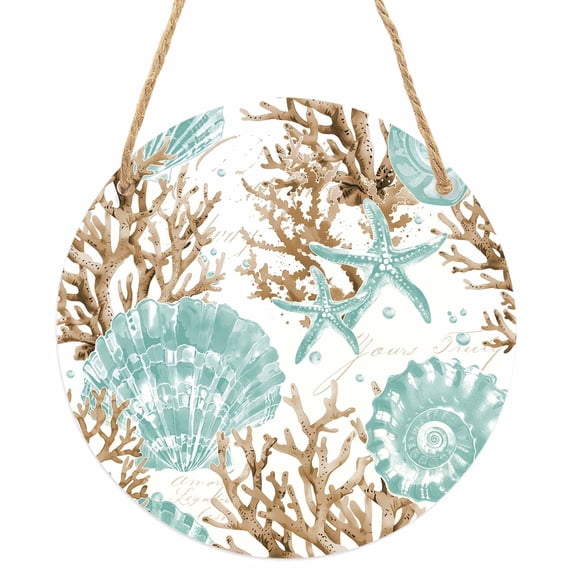 Green Coastal Seashells Round Front Door Welcome Sign, 5.9 Inch Wall Hanging Decor for Indoor Outdoor, Nautical Brown Coral Starfish Home Porch Hanger Decorations for Holiday Gift