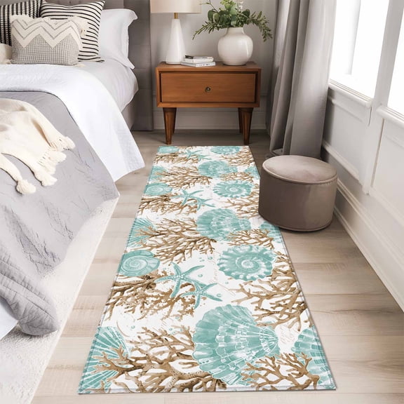 Green Coastal Seashells Runner Rug 2x6 FT,Non Slip Hallway Carpet,Nautical Brown Coral Starfish Washable Soft Floor Carpet Throw Runner Carpet Long Rug for Entryway Kitchen Bedside Sliding Door