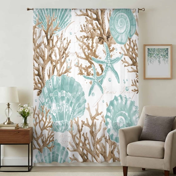 Green Coastal Seashells Sheer Curtains 63 Inches Long, Nautical Brown Coral Starfish Light Filering Curtains, Breathable Simi Curtain Privacy Drapes for Living Room Bedroom Window Treatment