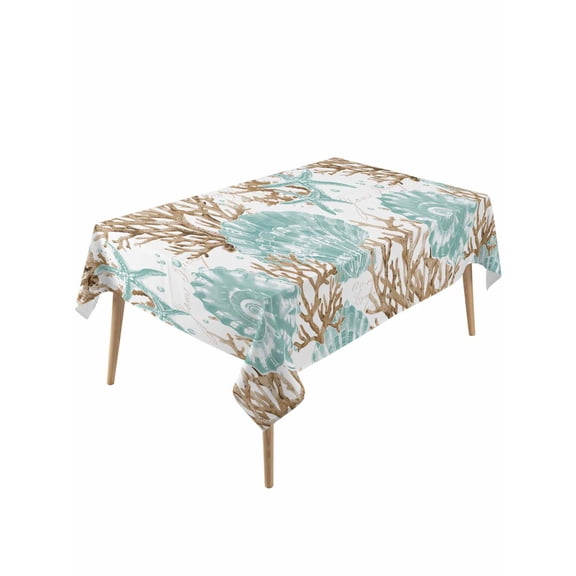 Green Coastal Seashells Table Cloth, Nautical Brown Coral Starfish Waterproof Tablecloth for Rectangle Tables, Reusable Washable Fabric Table Cover for Restaurant Kitchen Dining Tables 60"x120"