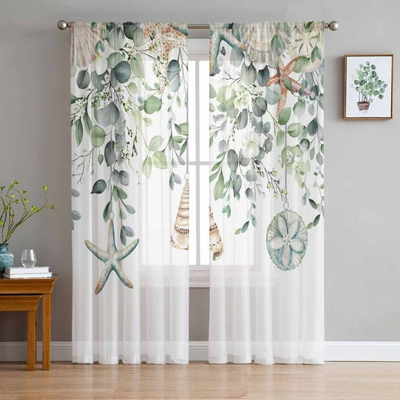 Green Coastal Sheer Curtains 84 Inch Length 2 Panels Set for Living Room/Bedroom, Eucalyptus Leaves Summer Beach Starfish Curtain Sheers Drapes Rod Pocket Curtains Window Treatment Set 52''x84''x2
