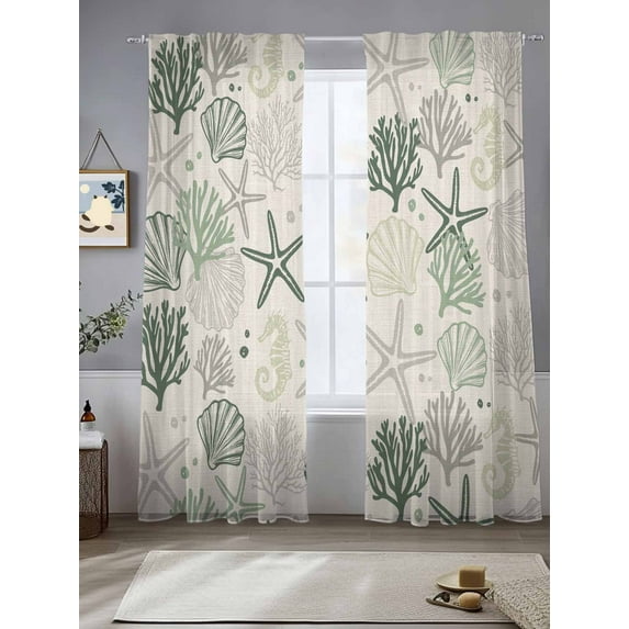Green Coastal Sheer Curtains for Living Room Bedroom Ocean Coral Starfish Seahorse Farmhouse Sheer Curtains 96 Inch Long 2 Panels Set Light Filtering Curtain Window Treatments Drapes for Dining Room