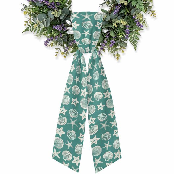 Green Coastal Starfish Wreath Sash for Front Door, Ocean Sea Shells Nautical Marine Wreath Bow Holiday Garland Ribbon Wreath Accessories for Home Yard Porch Doorway Fall Christmas Decorations Gifts