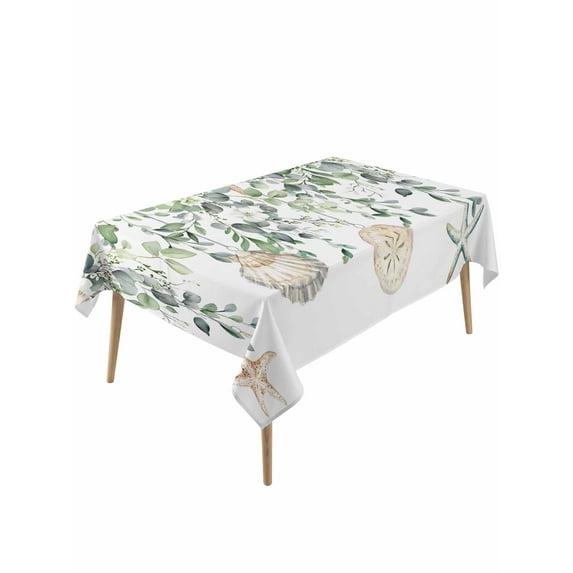 Green Coastal Table Cloth, Eucalyptus Leaves Summer Beach Starfish Waterproof Tablecloth for Rectangle Tables, Reusable Washable Fabric Table Cover for Restaurant Kitchen Dining Tables 54"x108"