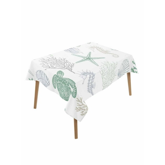 Green Coastal Table Cloth, Nautical Summer Beach Coral Sea Turtle Waterproof Tablecloth for Rectangle Tables, Reusable Washable Fabric Table Cover for Restaurant Kitchen Dining Tables 60"x84"