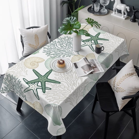 Green Coastal Table Cloth Waterproof Tablecloths, Summer Beach Starfish Coral Shell Nautical Tablecloth Dining Table Cover for Kitchen Party Tabletop Outdoor, Rectangle Tablecloth 60x120 Inch