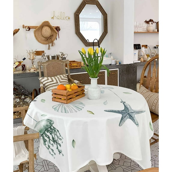 Green Coastal Tablecloth Square Table Cloth 60x60 , Waterproof Tablecloth Outdoor Table Cloth, Summer Eucalyptus Leaves Beach Ocean Starfish Conch Washable Table Cover for Kitchen Dining Party