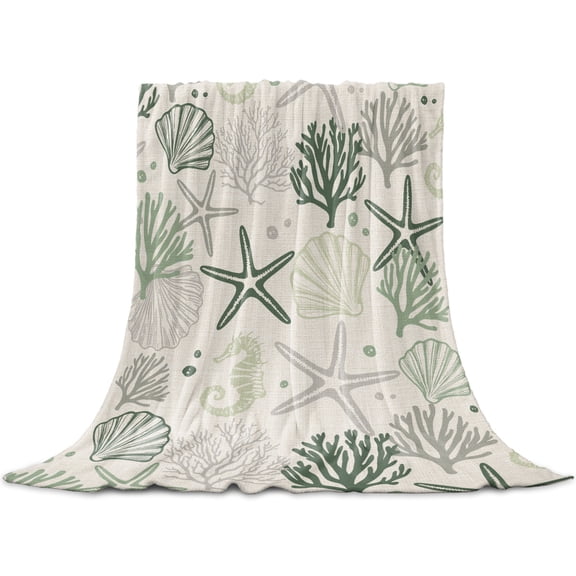 Green Coastal Throw Blanket for Couch,Soft Lightweight Flannel Fleece Blanket,Ocean Coral Starfish Seahorse Farmhouse Microfiber Plush All Season Decorative Blankets Gifts for Sofa Office Lap 30"x40"