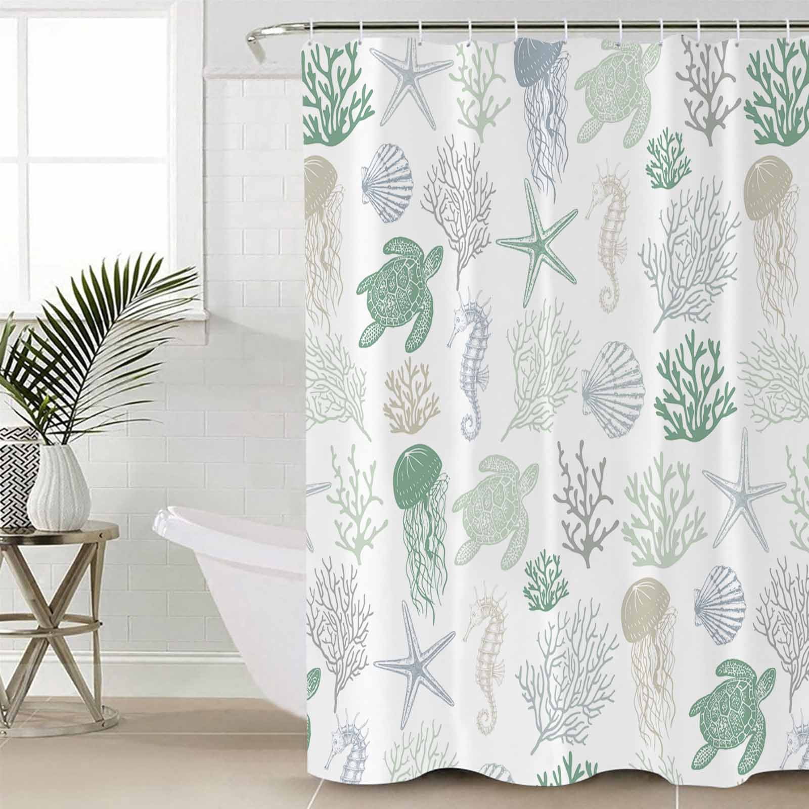 Green Coastal Waterproof Fabric Shower Curtain, Nautical Summer Beach Coral Sea Turtle Shower Curtain for Bathroom Curtains Bathtubs Hotel Washable Shower Curtains with 12 Hooks Long 72x78in