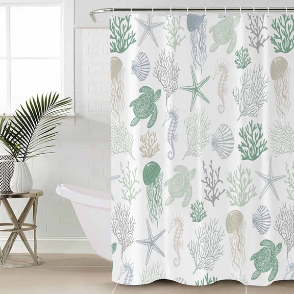 Green Coastal Waterproof Fabric Shower Curtain, Nautical Summer Beach Coral Sea Turtle Shower Curtain for Bathroom Curtains Bathtubs Hotel Washable Shower Curtains with 12 Hooks Small 36x72in