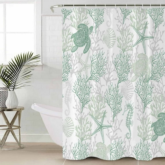 Green Coastal Waterproof Fabric Shower Curtain, Sea Turtle Nautical Coral Summer Beach Shower Curtain for Bathroom Curtains Bathtubs Hotel Washable Shower Curtains with 12 Hooks Stall 54x78in