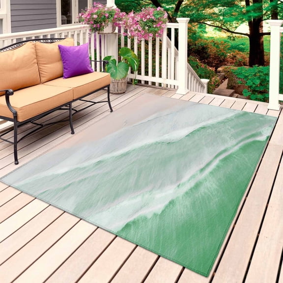 Green Coastal Wave Outdoor Rug for Patio/Deck/Porch, Non-Slip Large Area Rug 5 x 7 Ft, Summer Modern Ocean Beach Indoor Outdoor Rugs Washable Area Rugs, Reversible Camping Rug Carpet Runner