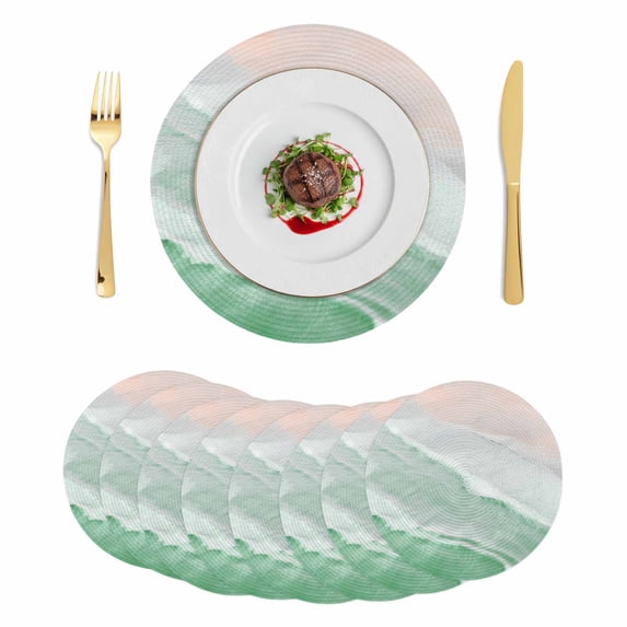 Green Coastal Wave Round 13 Inch Placemats Set of 8, Summer Modern Ocean Beach HeatResistant Non Slip Place Mats for Dining Table, Wipeable Braided Kitchen Table Mats for Housewarming