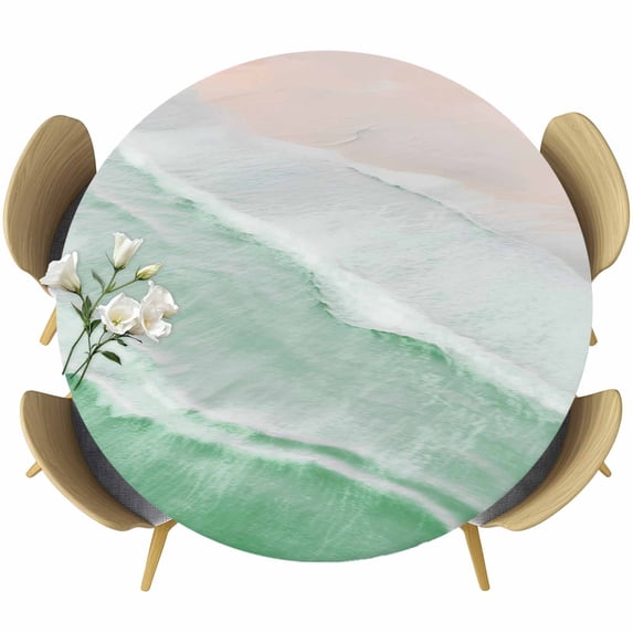 Green Coastal Wave Round Tablecloth, Fitted Table Cover with Elastic for 55"-60" Round Tables, Summer Modern Ocean Beach Table Cloth Outdoor Indoor Dinning Party Waterproof Tablecloths