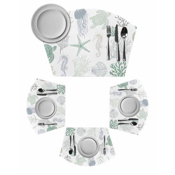 Green Coastal Wedge Shaped Placemats Set of 6, Cotton Linen Fan Place Mats, Nautical Summer Beach Coral Sea Turtle Washable Table Mats for Holiday Wedding Party Dinning Coffee Tables 11.8"x17.5"