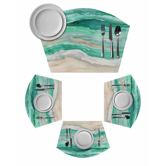 Green Coastal Wedge Shaped Placemats Set of 6, Cotton Linen Fan Place Mats, Summer Beach Nautical Abstract Art Washable Table Mats for Holiday Wedding Party Dinning Coffee Tables 11.8"x17.5"