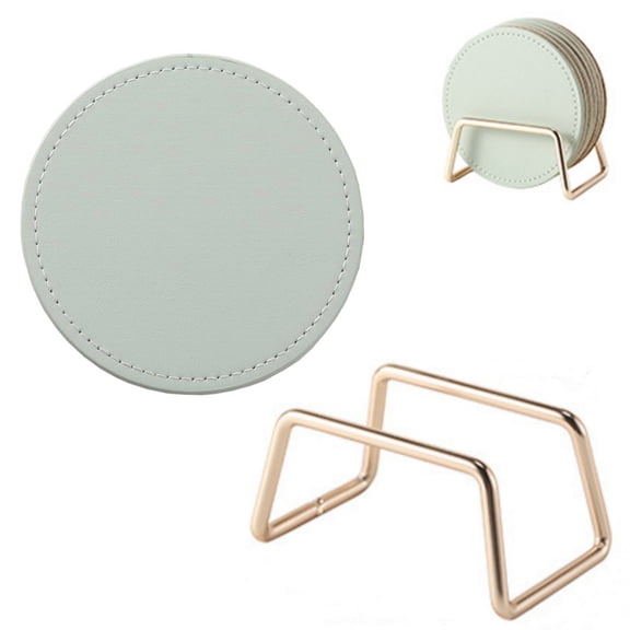 Green Coasters Set of 6 with Holder, 3.9 Inch Round Leather Drink Coasters, Topboutique Heat Insulation Pads for Glass, Mug, Cup, Ideal for Office and Home Table Decor
