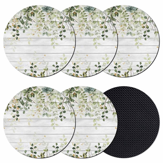 Green Coasters Set of 6, Absorbent Coasters for Drinks, Eucalyptus Leaves Coaster for Desk Coffee Table Protection, Home Decor House Warming Gifts 4"